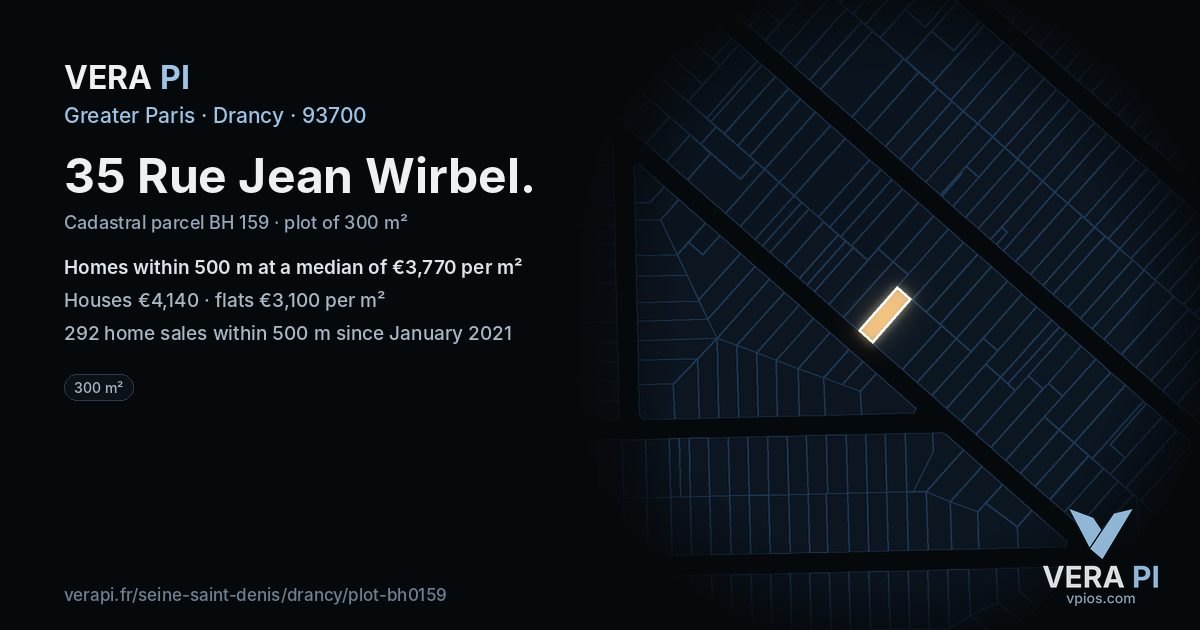 35 Rue Jean Wirbel, Drancy at night – the plot lit, the parcels around coloured by the prices near them