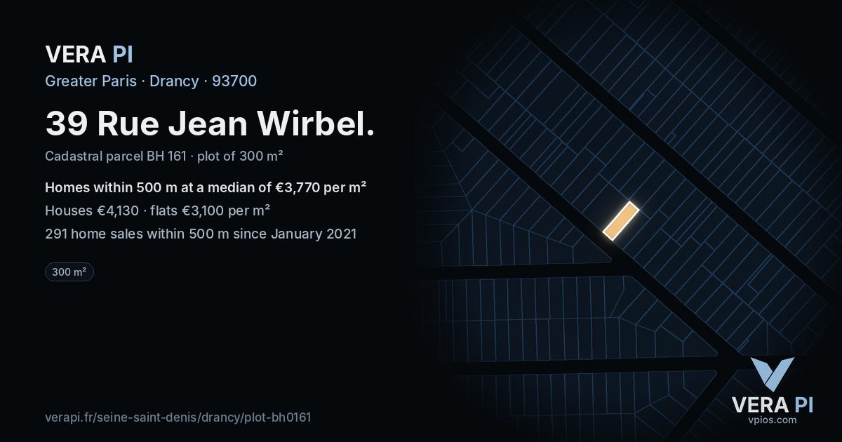 39 Rue Jean Wirbel, Drancy at night – the plot lit, the parcels around coloured by the prices near them