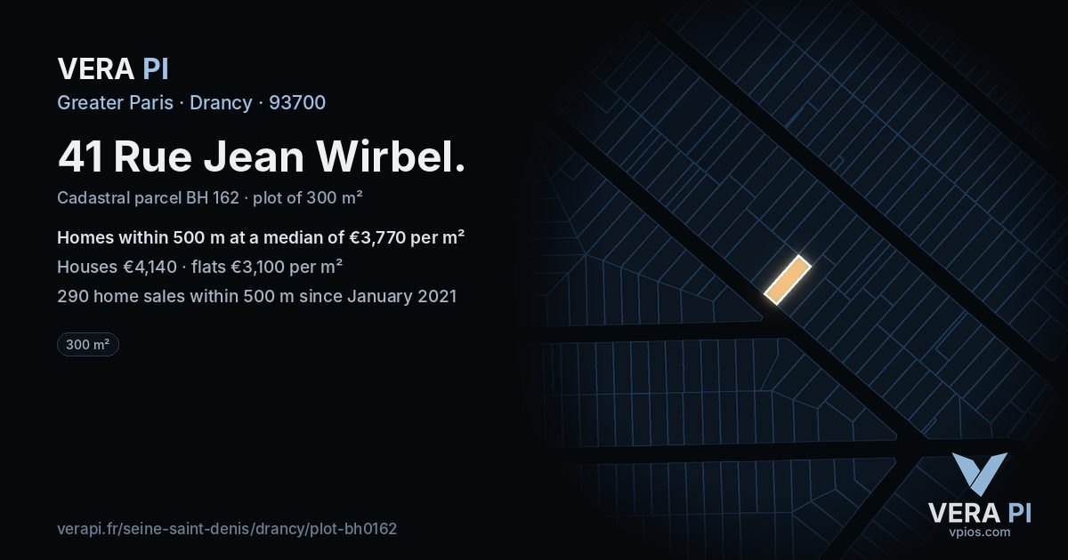 41 Rue Jean Wirbel, Drancy at night – the plot lit, the parcels around coloured by the prices near them