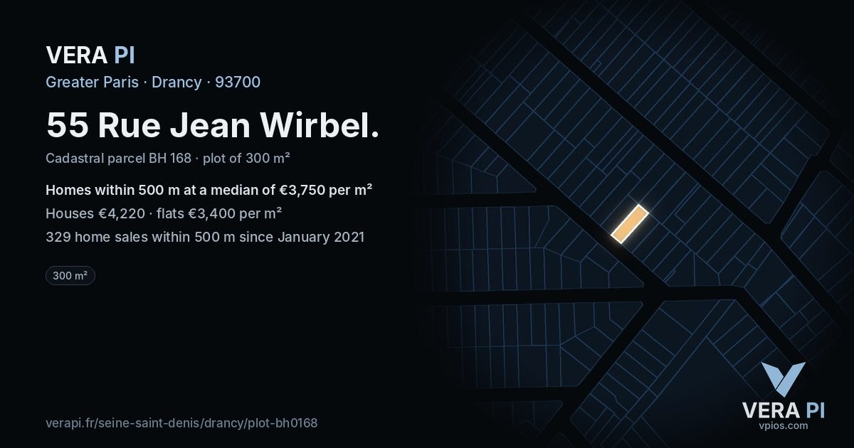 55 Rue Jean Wirbel, Drancy at night – the plot lit, the parcels around coloured by the prices near them