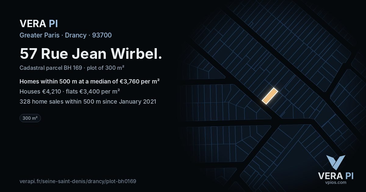 57 Rue Jean Wirbel, Drancy at night – the plot lit, the parcels around coloured by the prices near them
