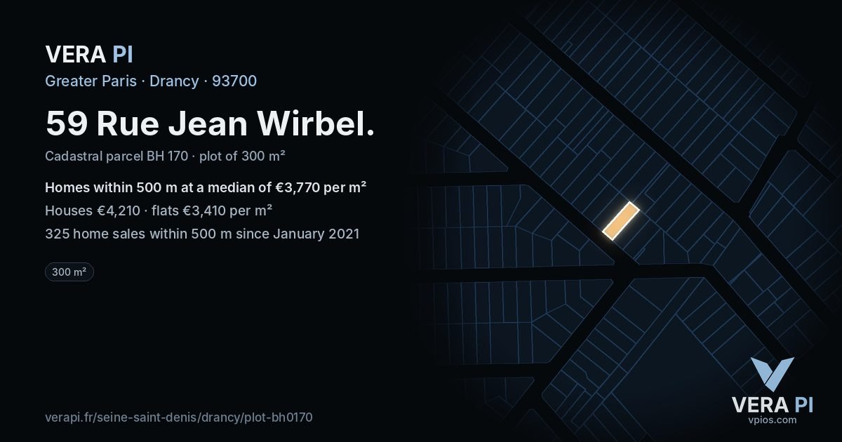 59 Rue Jean Wirbel, Drancy at night – the plot lit, the parcels around coloured by the prices near them