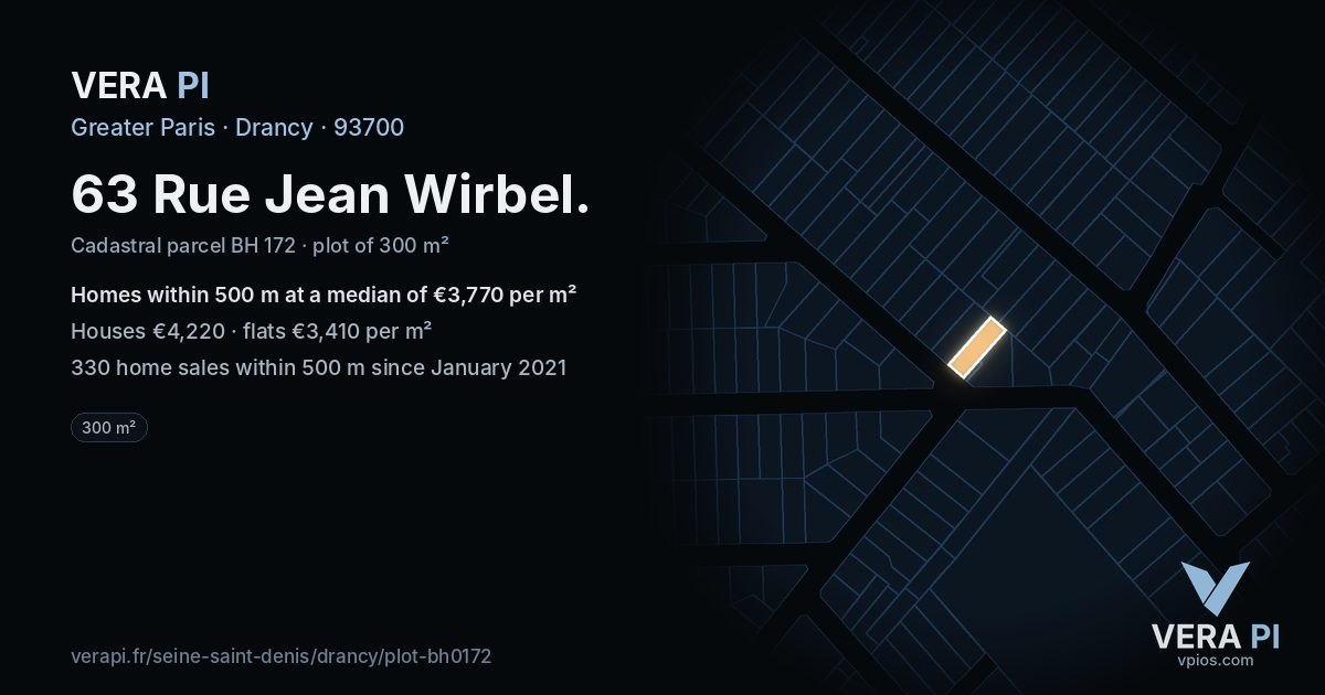 63 Rue Jean Wirbel, Drancy at night – the plot lit, the parcels around coloured by the prices near them