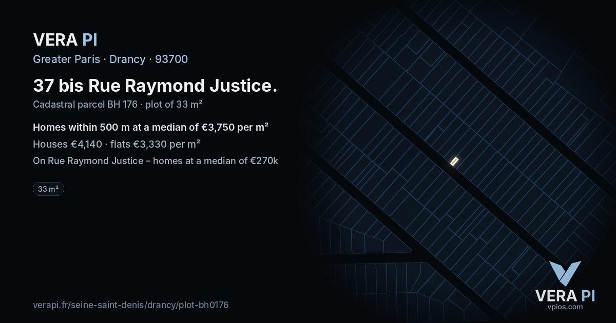 37 bis Rue Raymond Justice, Drancy at night – the plot lit, the parcels around coloured by the prices near them