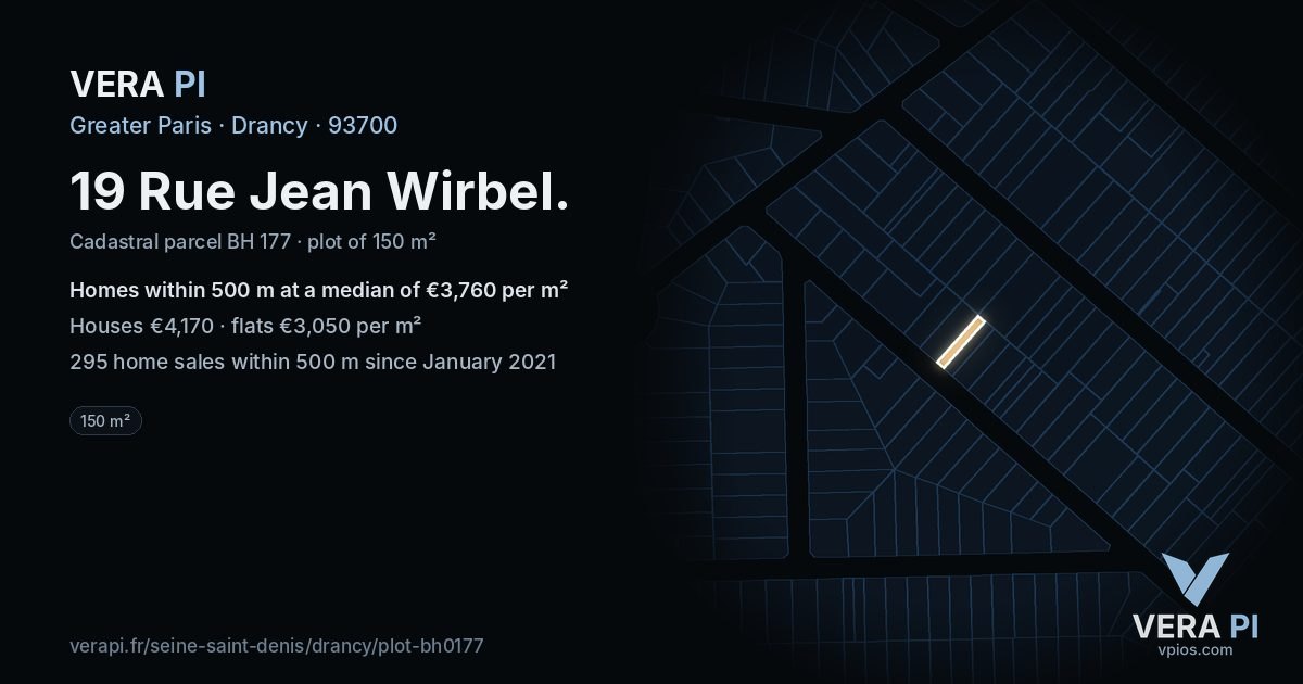 19 Rue Jean Wirbel, Drancy at night – the plot lit, the parcels around coloured by the prices near them