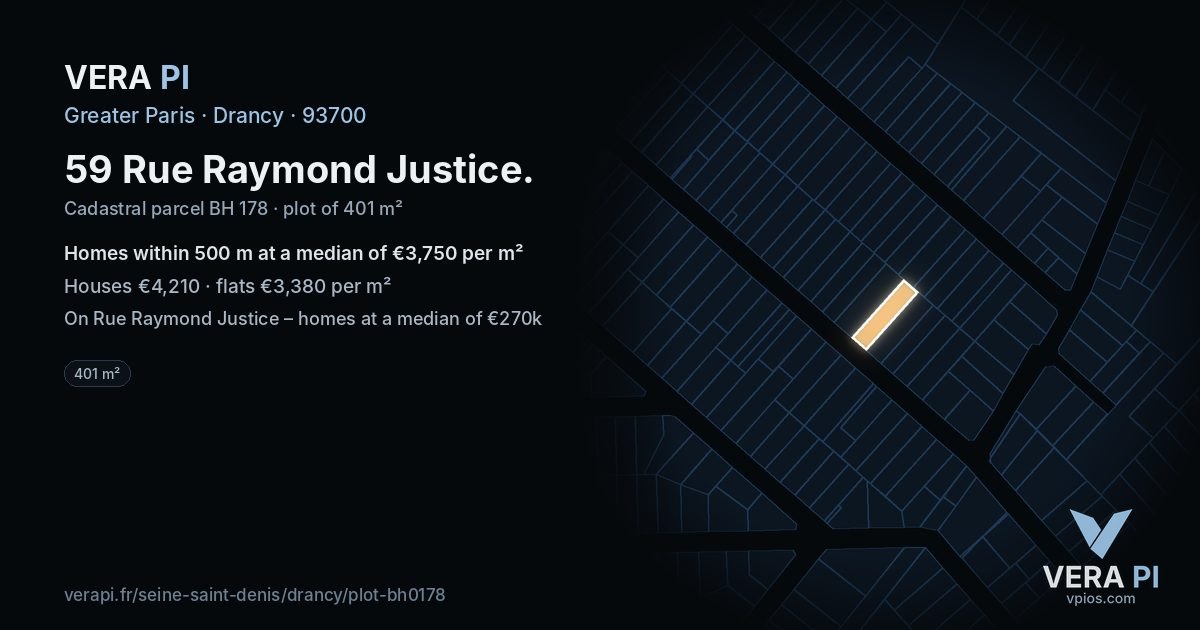 59 Rue Raymond Justice, Drancy at night – the plot lit, the parcels around coloured by the prices near them