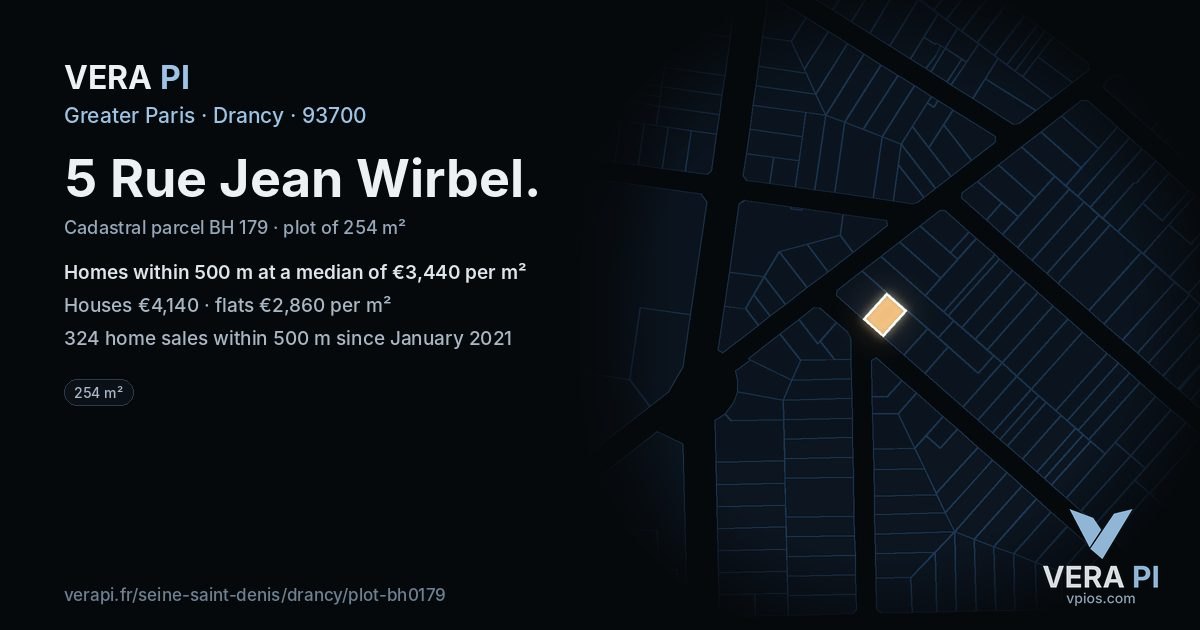 5 Rue Jean Wirbel, Drancy at night – the plot lit, the parcels around coloured by the prices near them