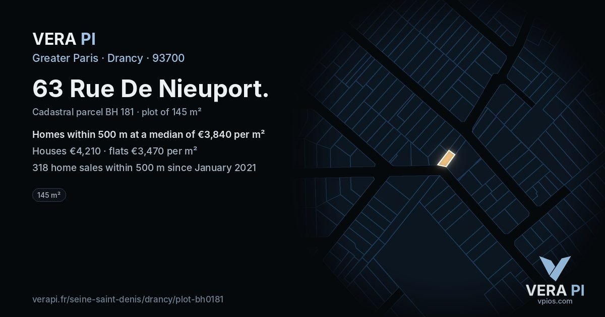 63 Rue De Nieuport, Drancy at night – the plot lit, the parcels around coloured by the prices near them