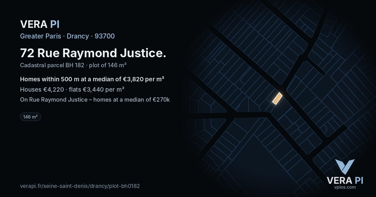 72 Rue Raymond Justice, Drancy at night – the plot lit, the parcels around coloured by the prices near them