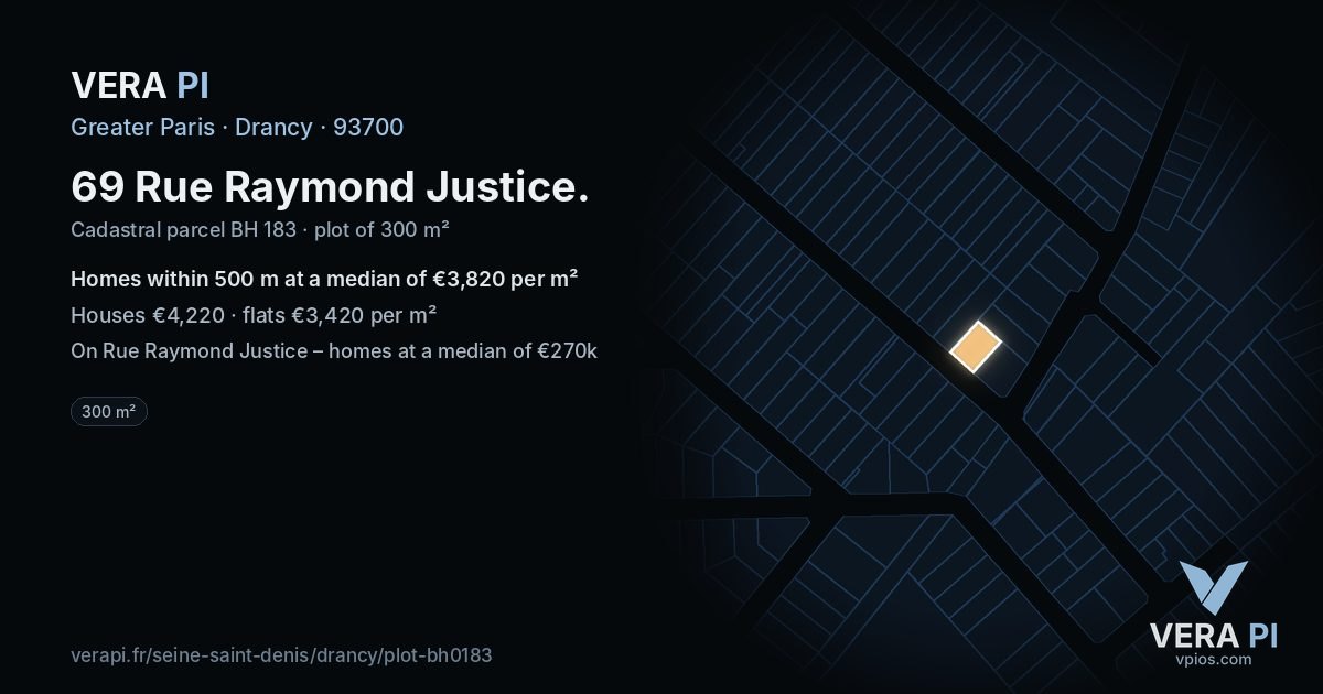 69 Rue Raymond Justice, Drancy at night – the plot lit, the parcels around coloured by the prices near them