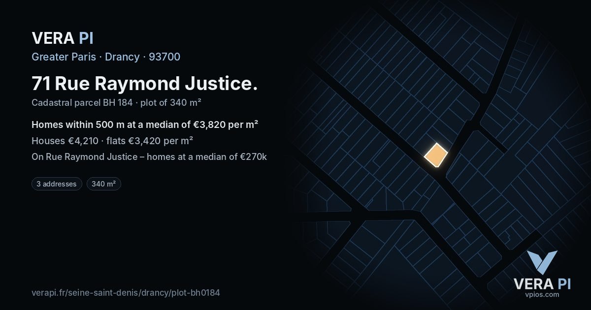 71 Rue Raymond Justice, Drancy at night – the plot lit, the parcels around coloured by the prices near them