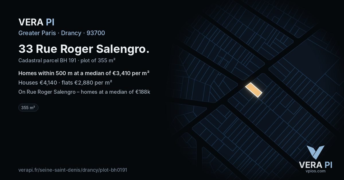 33 Rue Roger Salengro, Drancy at night – the plot lit, the parcels around coloured by the prices near them