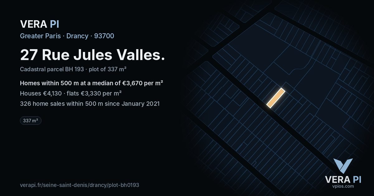 27 Rue Jules Valles, Drancy at night – the plot lit, the parcels around coloured by the prices near them