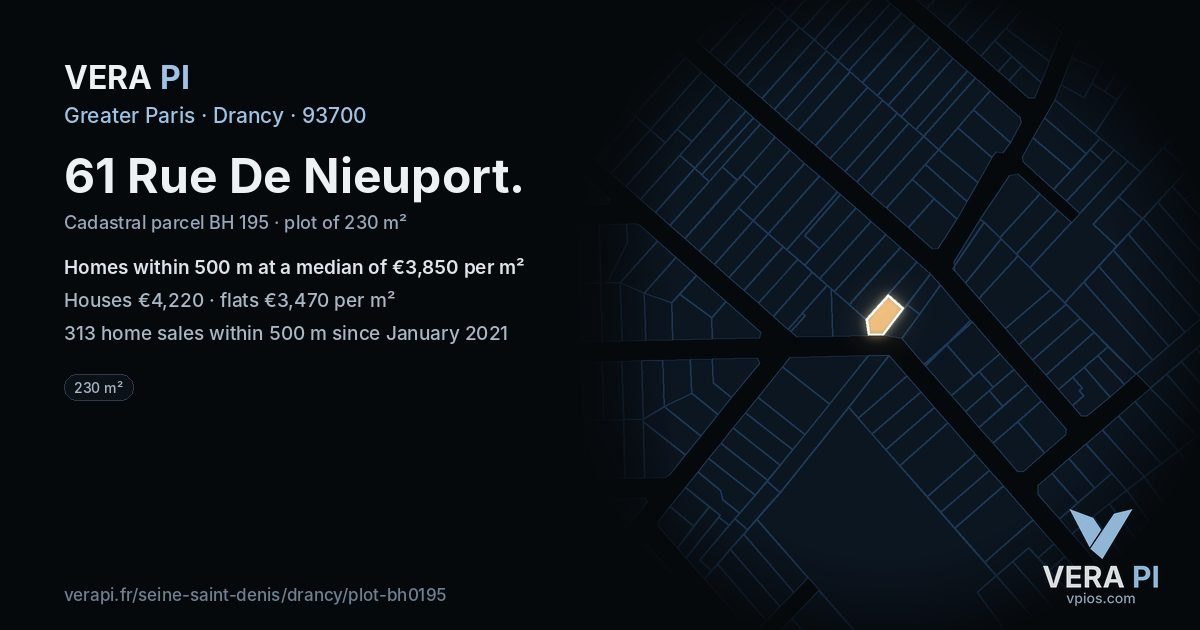 61 Rue De Nieuport, Drancy at night – the plot lit, the parcels around coloured by the prices near them