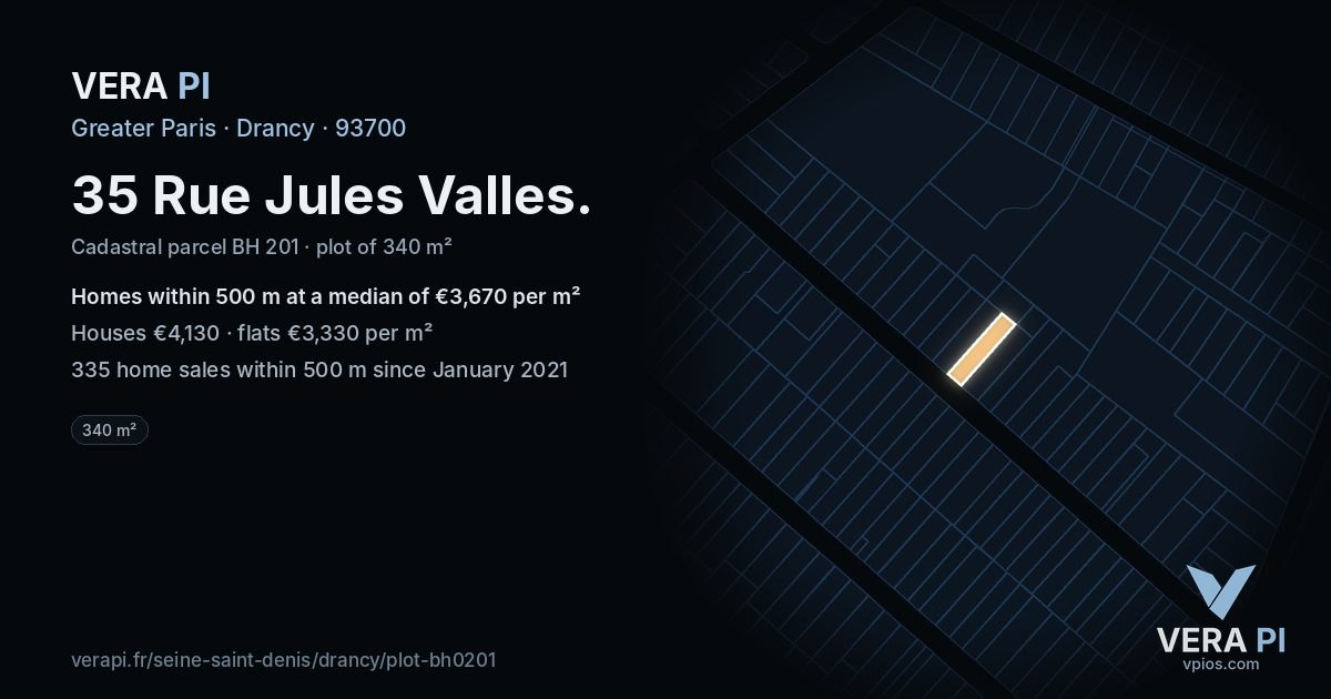 35 Rue Jules Valles, Drancy at night – the plot lit, the parcels around coloured by the prices near them
