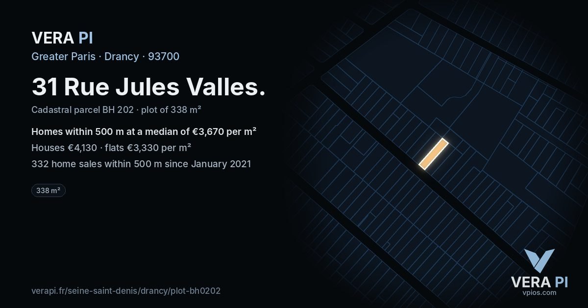 31 Rue Jules Valles, Drancy at night – the plot lit, the parcels around coloured by the prices near them