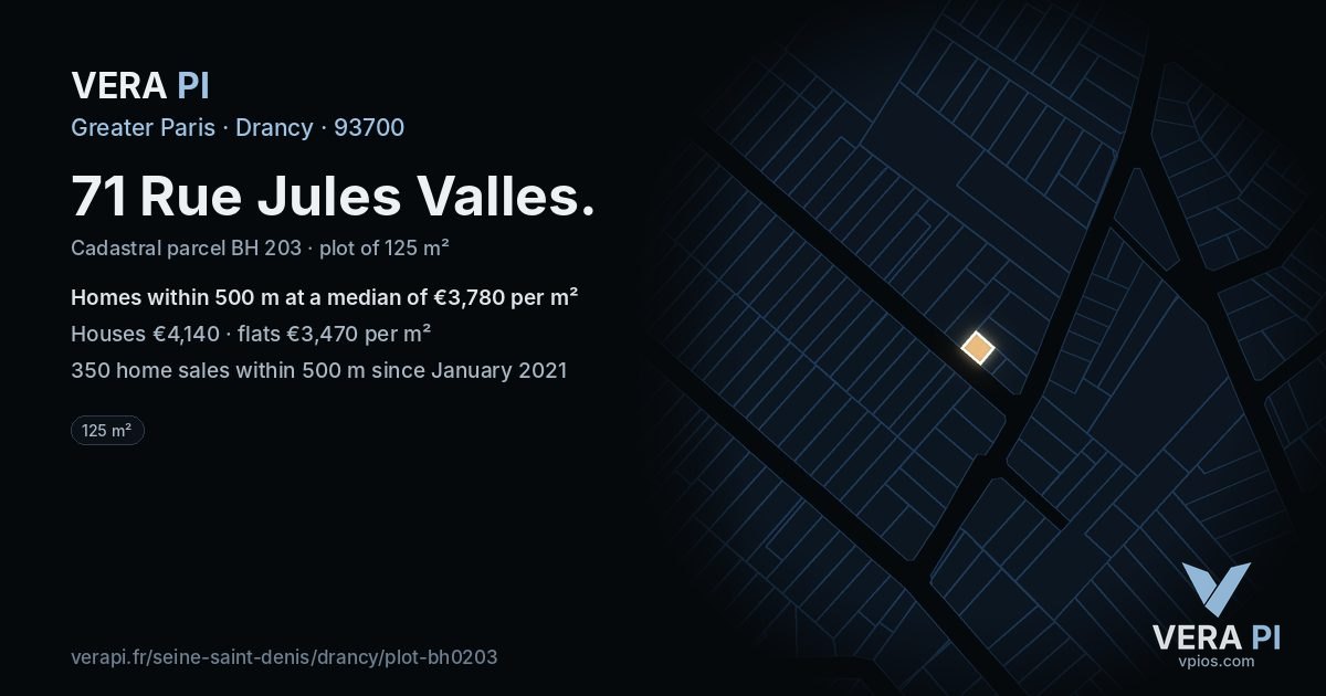 71 Rue Jules Valles, Drancy at night – the plot lit, the parcels around coloured by the prices near them