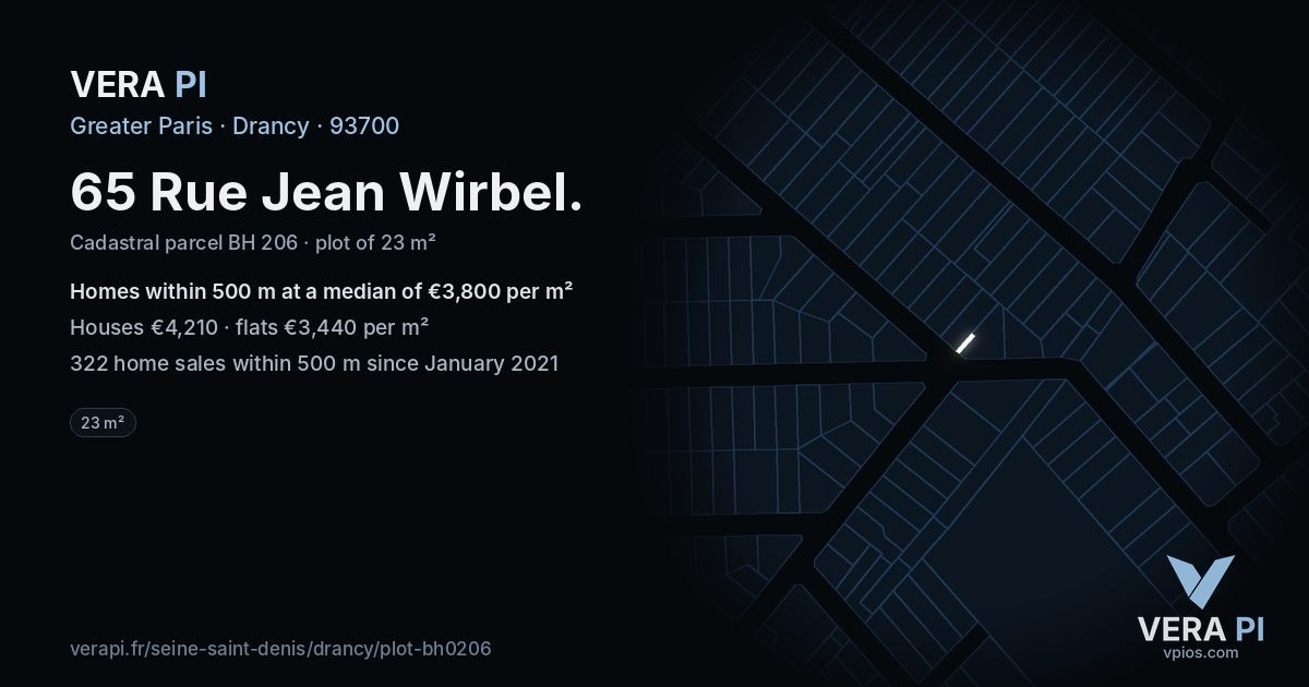 65 Rue Jean Wirbel, Drancy at night – the plot lit, the parcels around coloured by the prices near them