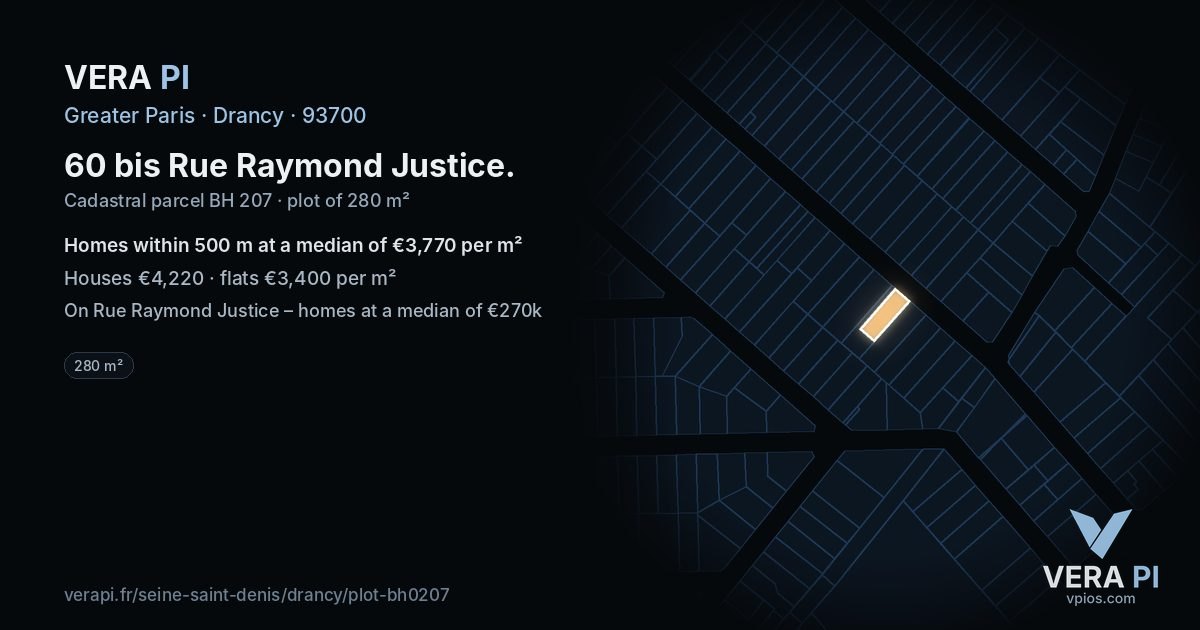 60 bis Rue Raymond Justice, Drancy at night – the plot lit, the parcels around coloured by the prices near them