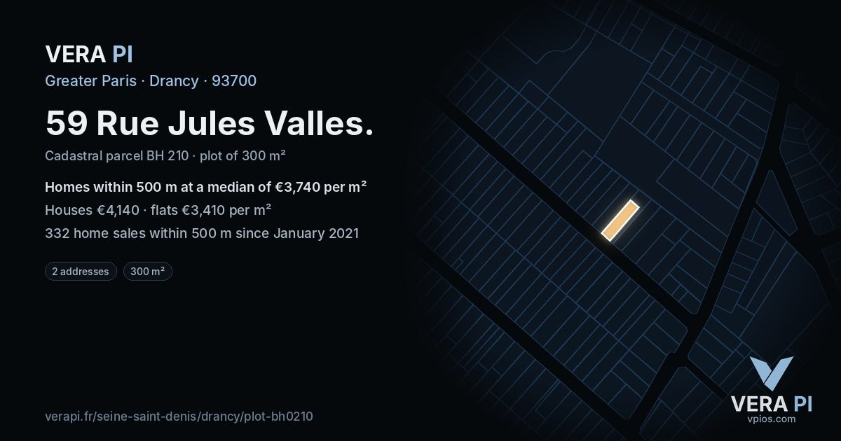 59 Rue Jules Valles, Drancy at night – the plot lit, the parcels around coloured by the prices near them