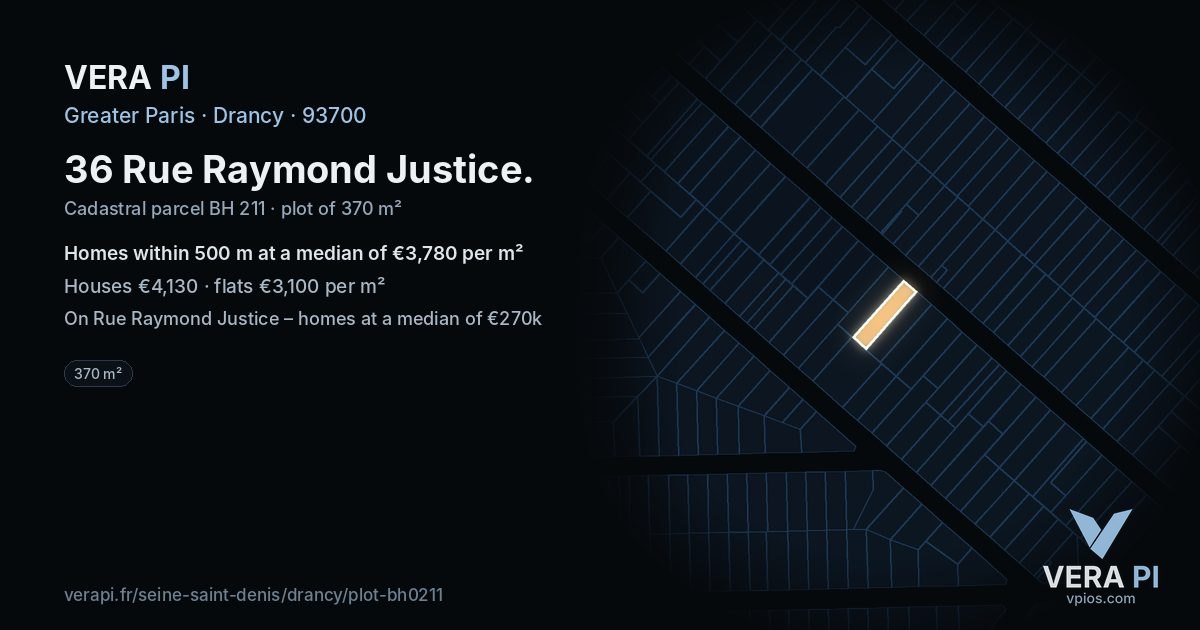 36 Rue Raymond Justice, Drancy at night – the plot lit, the parcels around coloured by the prices near them