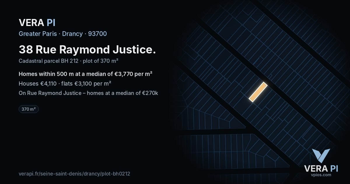 38 Rue Raymond Justice, Drancy at night – the plot lit, the parcels around coloured by the prices near them