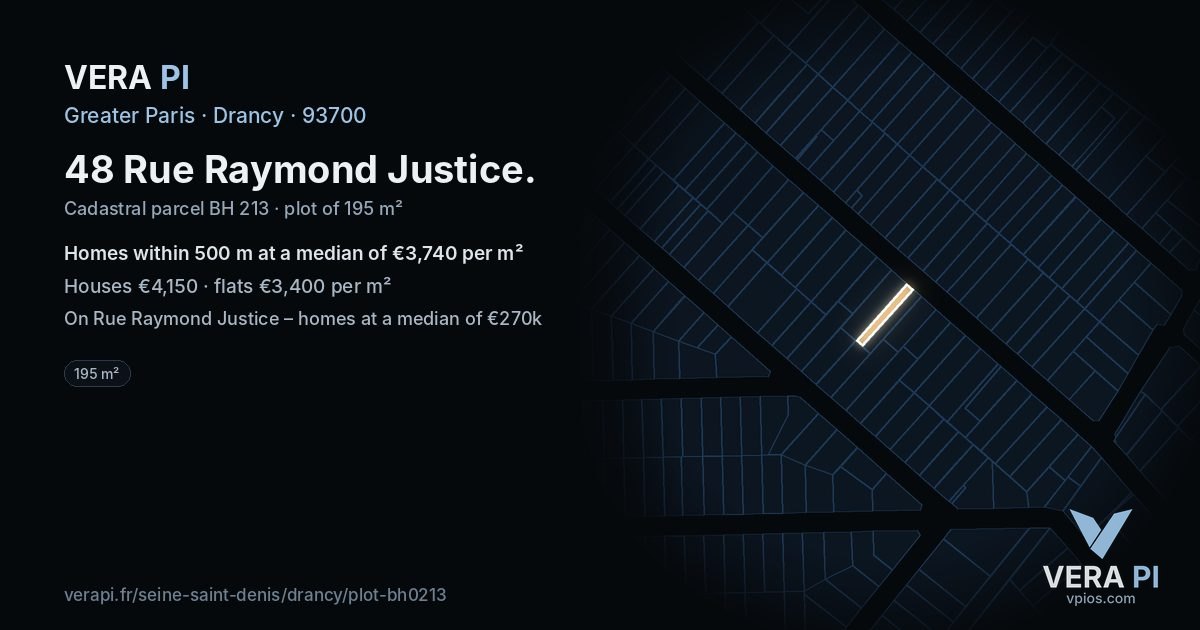 48 Rue Raymond Justice, Drancy at night – the plot lit, the parcels around coloured by the prices near them