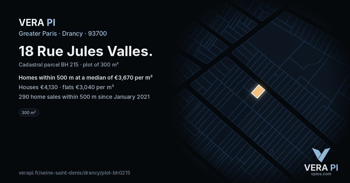 18 Rue Jules Valles, Drancy at night – the plot lit, the parcels around coloured by the prices near them