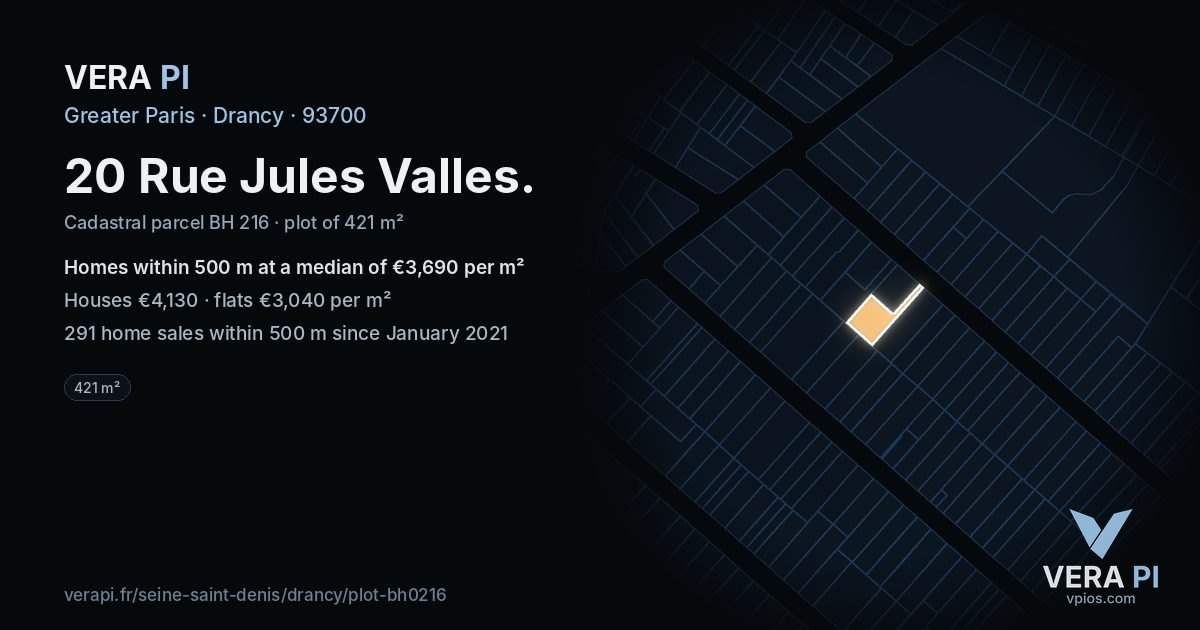 20 Rue Jules Valles, Drancy at night – the plot lit, the parcels around coloured by the prices near them