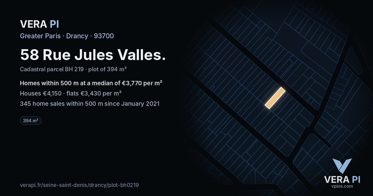 58 Rue Jules Valles, Drancy at night – the plot lit, the parcels around coloured by the prices near them