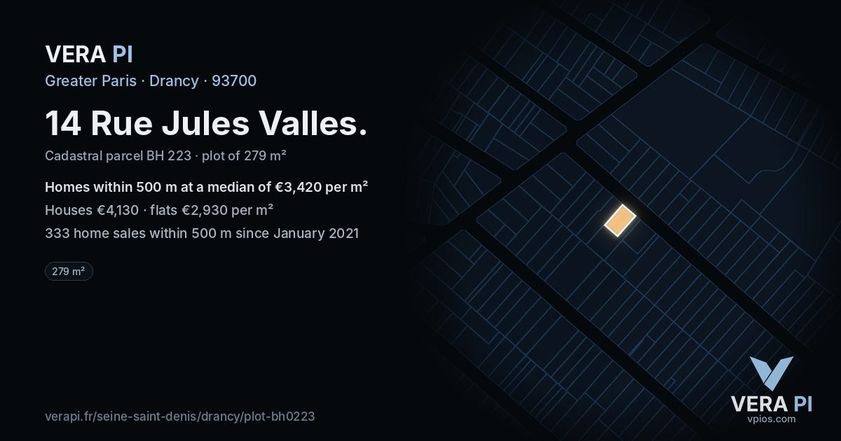 14 Rue Jules Valles, Drancy at night – the plot lit, the parcels around coloured by the prices near them