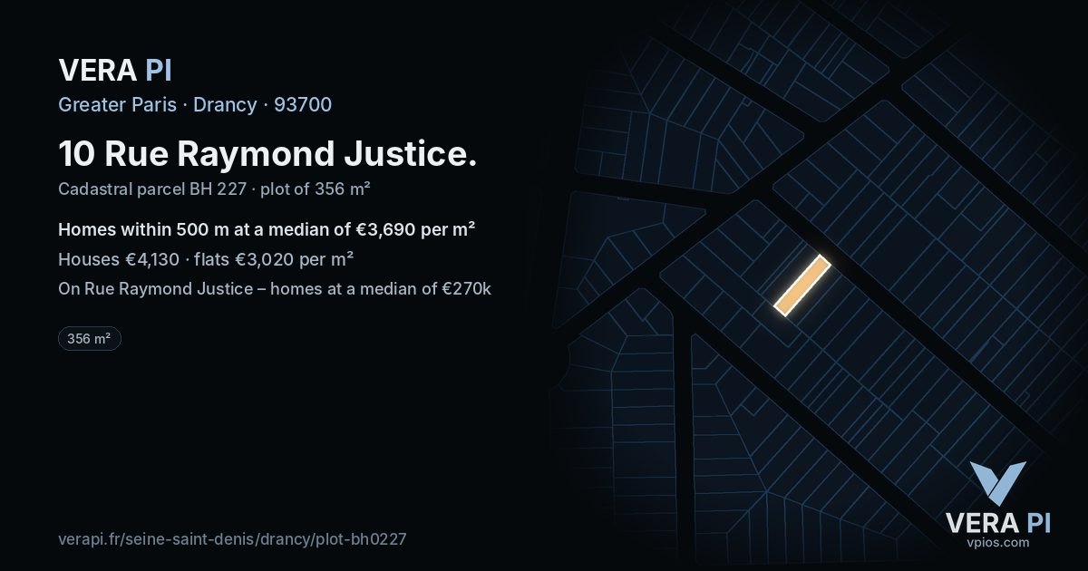 10 Rue Raymond Justice, Drancy at night – the plot lit, the parcels around coloured by the prices near them