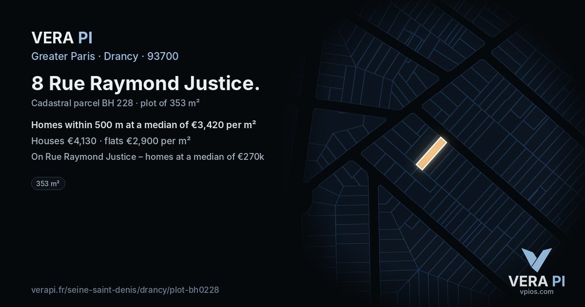 8 Rue Raymond Justice, Drancy at night – the plot lit, the parcels around coloured by the prices near them