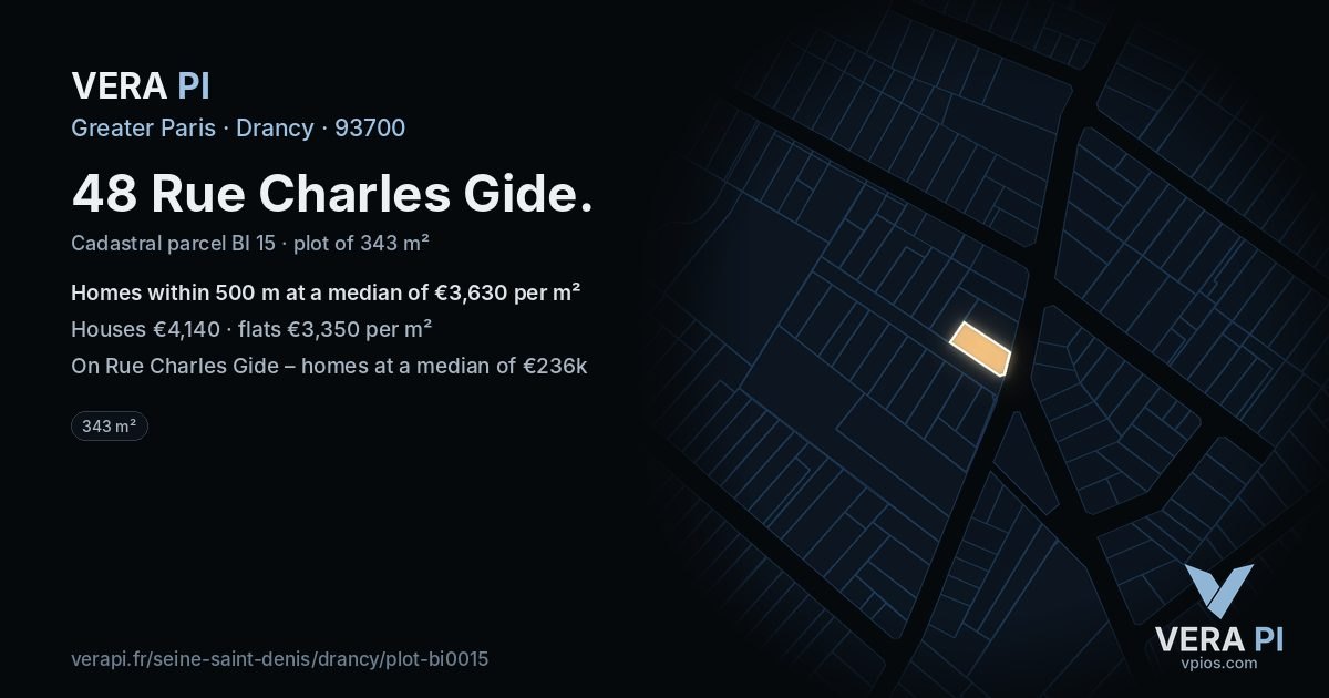 48 Rue Charles Gide, Drancy at night – the plot lit, the parcels around coloured by the prices near them
