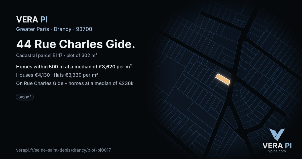 44 Rue Charles Gide, Drancy at night – the plot lit, the parcels around coloured by the prices near them