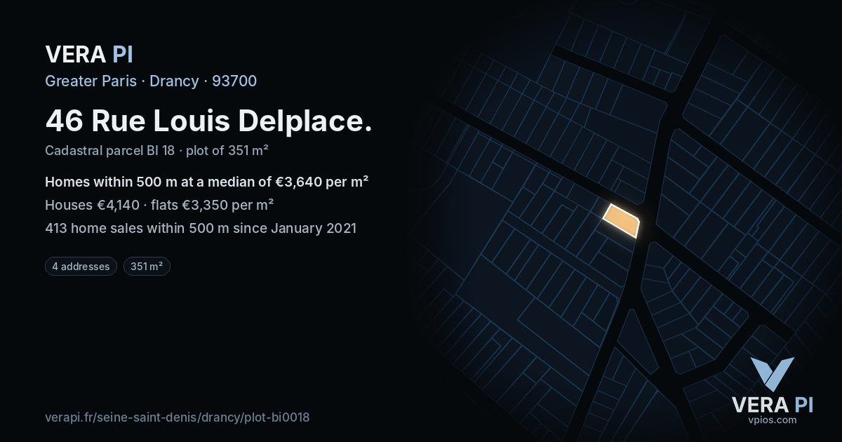 46 Rue Louis Delplace, Drancy at night – the plot lit, the parcels around coloured by the prices near them