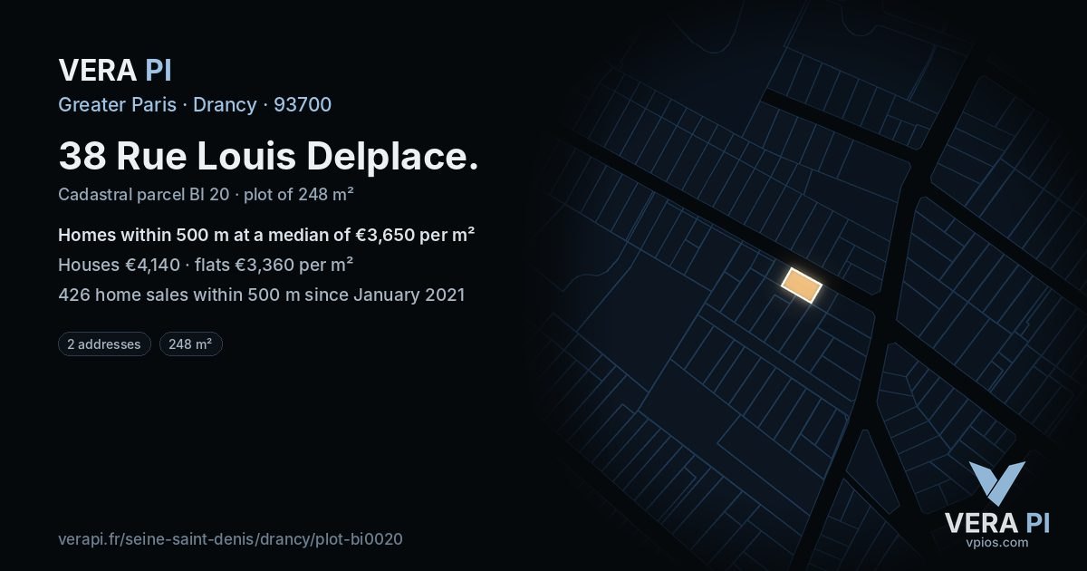 38 Rue Louis Delplace, Drancy at night – the plot lit, the parcels around coloured by the prices near them