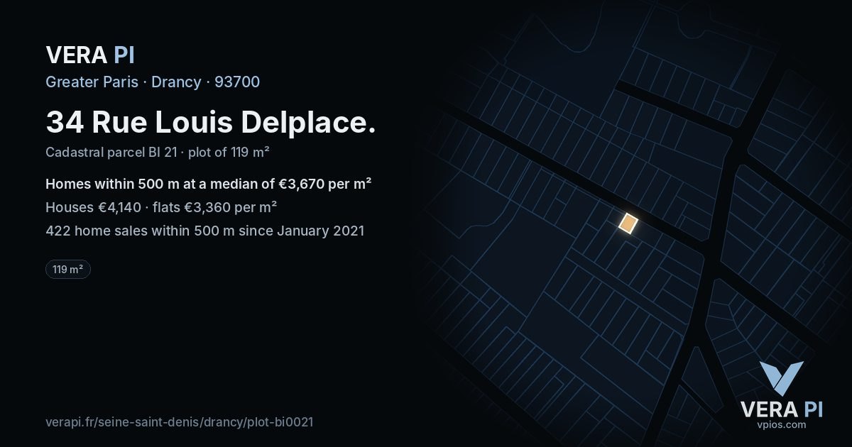 34 Rue Louis Delplace, Drancy at night – the plot lit, the parcels around coloured by the prices near them