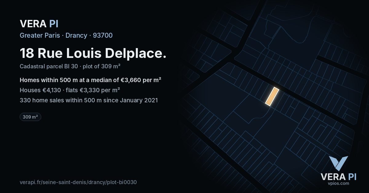 18 Rue Louis Delplace, Drancy at night – the plot lit, the parcels around coloured by the prices near them