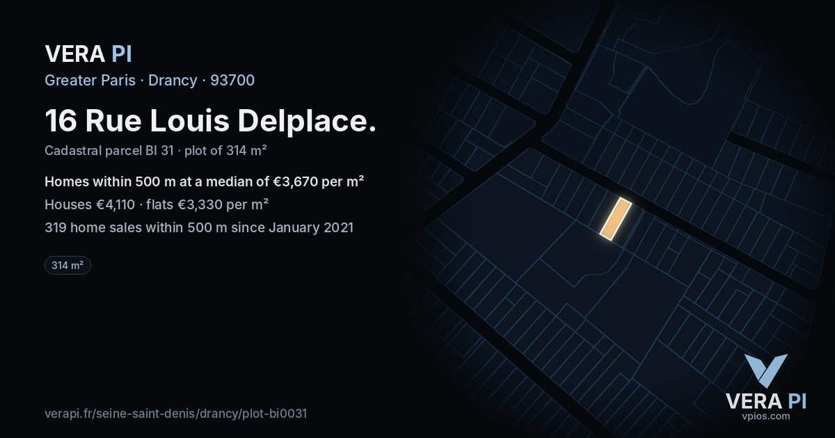 16 Rue Louis Delplace, Drancy at night – the plot lit, the parcels around coloured by the prices near them