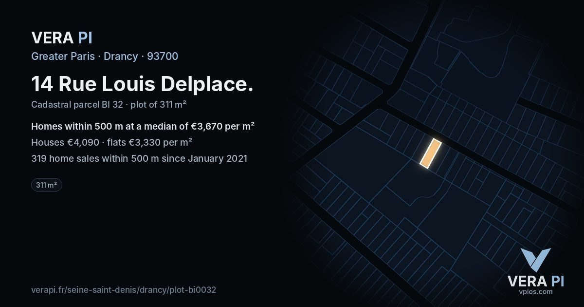 14 Rue Louis Delplace, Drancy at night – the plot lit, the parcels around coloured by the prices near them