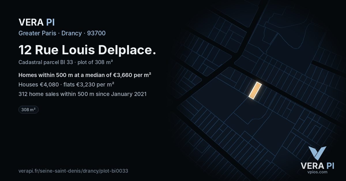 12 Rue Louis Delplace, Drancy at night – the plot lit, the parcels around coloured by the prices near them