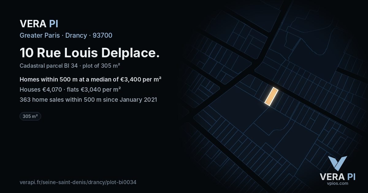 10 Rue Louis Delplace, Drancy at night – the plot lit, the parcels around coloured by the prices near them