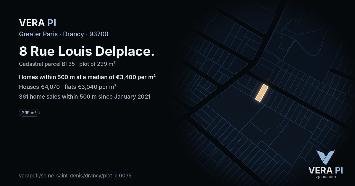 8 Rue Louis Delplace, Drancy at night – the plot lit, the parcels around coloured by the prices near them
