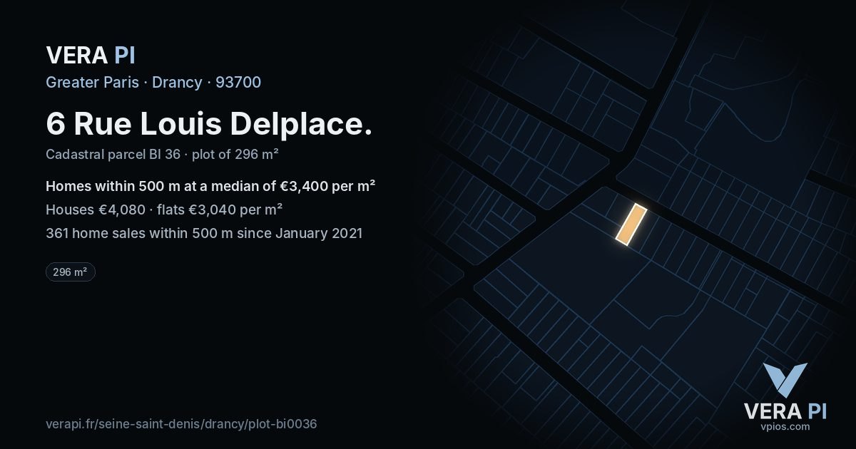 6 Rue Louis Delplace, Drancy at night – the plot lit, the parcels around coloured by the prices near them
