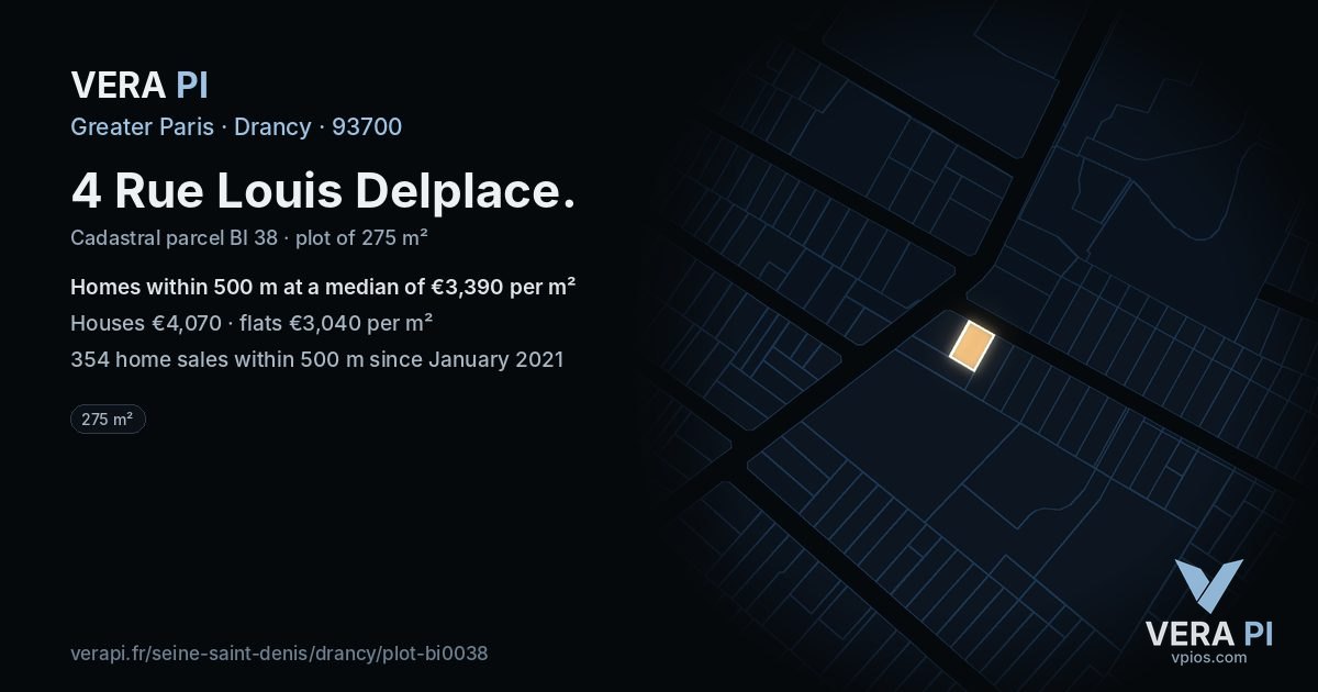4 Rue Louis Delplace, Drancy at night – the plot lit, the parcels around coloured by the prices near them