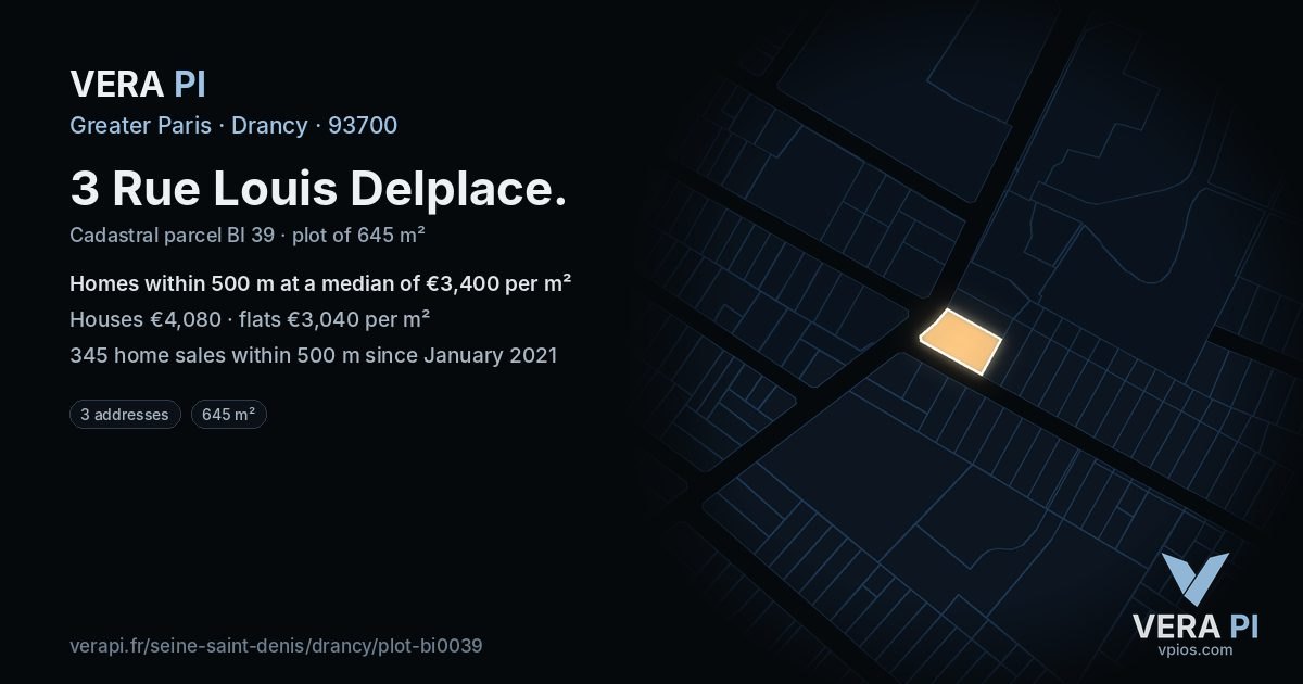 3 Rue Louis Delplace, Drancy at night – the plot lit, the parcels around coloured by the prices near them