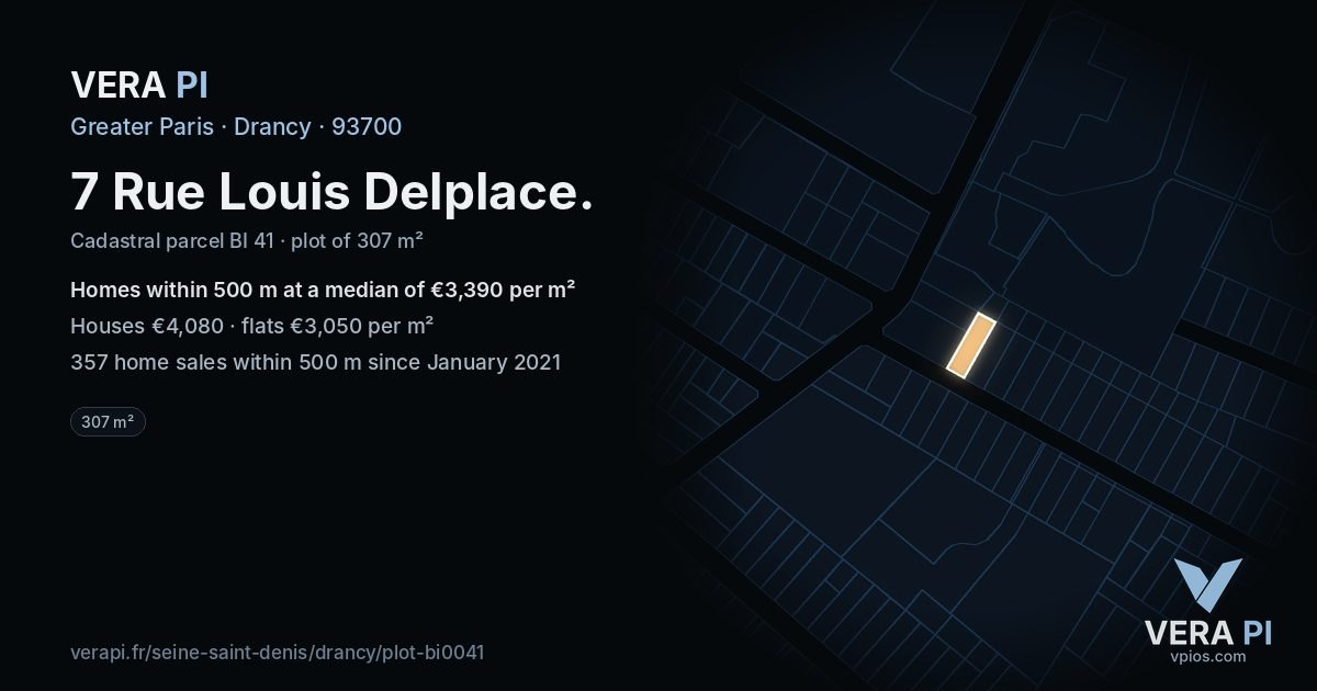7 Rue Louis Delplace, Drancy at night – the plot lit, the parcels around coloured by the prices near them