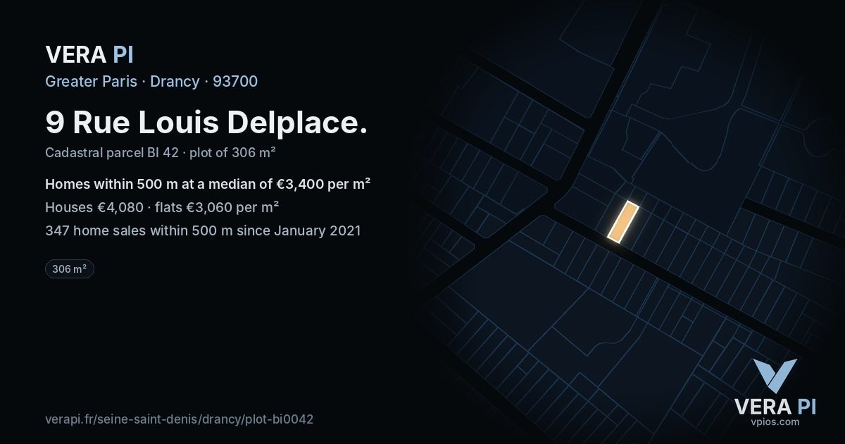 9 Rue Louis Delplace, Drancy at night – the plot lit, the parcels around coloured by the prices near them