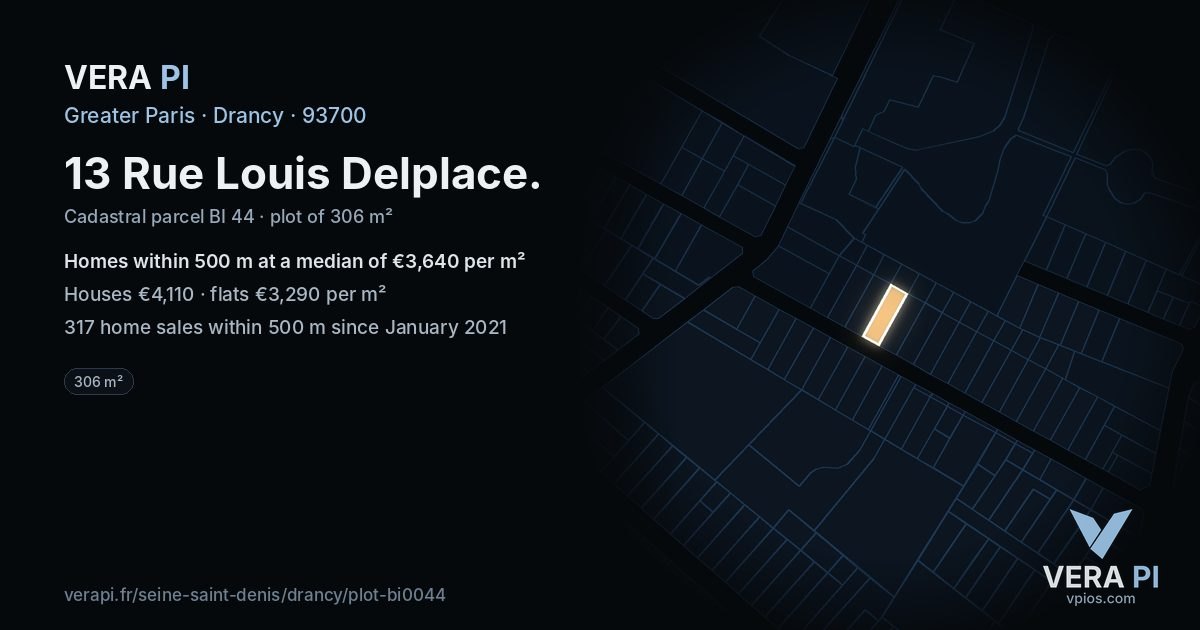 13 Rue Louis Delplace, Drancy at night – the plot lit, the parcels around coloured by the prices near them